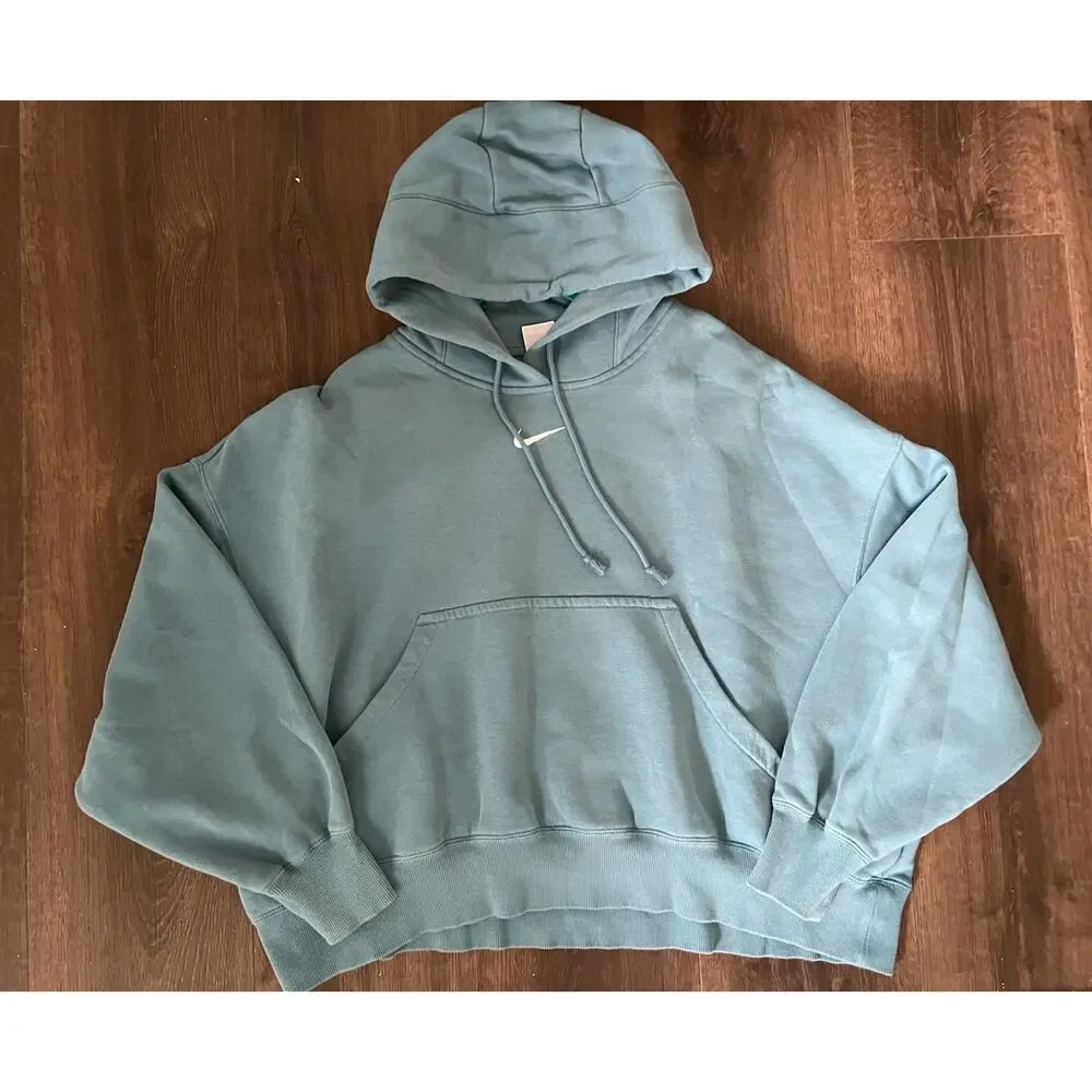 Nike Center Swoosh Large Pullover Hoodie Pheonix Fleece Oversized Boxy Teal Blue